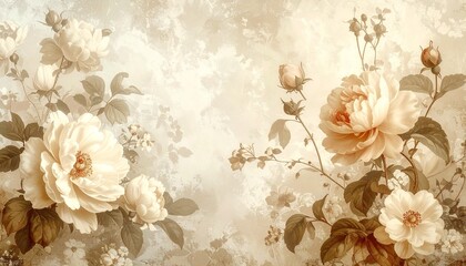 Vintage floral wallpaper in beige tones, antique botanical style