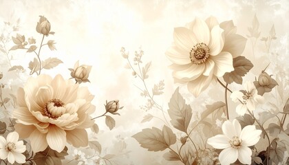 Vintage floral wallpaper in beige tones, antique botanical style