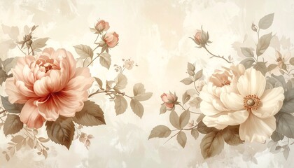 Vintage floral wallpaper in beige tones, antique botanical style