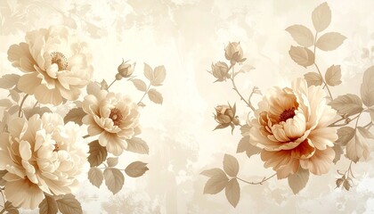 Vintage floral wallpaper in beige tones, antique botanical style