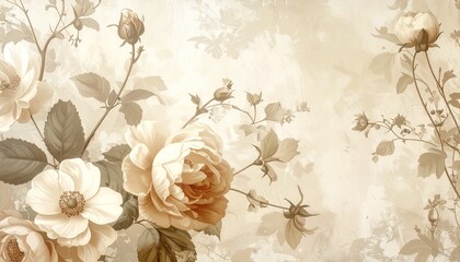 Vintage floral wallpaper in beige tones, antique botanical style