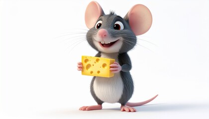 A cartoon mouse stands smiling, holding a piece of Swiss cheese in its paws.