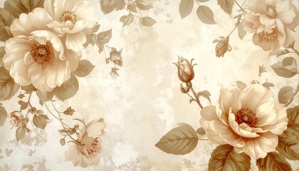 Vintage floral wallpaper in beige tones, antique botanical style