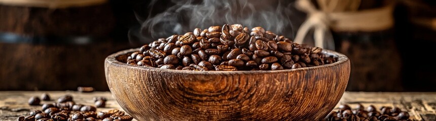 Fototapeta premium Intimate shot of freshly roasted coffee beans in a rustic setting.