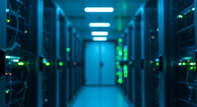 Modern data center server room with glowing lights and network cables - Powered by Adobe