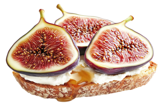Toasted bread with fresh figs and cream cheese isolated on transparent background