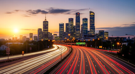 Urban Skyline at Golden Hour with Busy Highway in Foreground