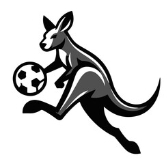 Kangaroo playing soccer with a black and white ball in a dynamic pose on a white background design