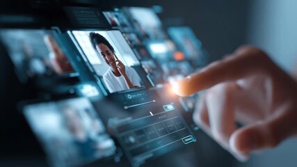 Futuristic technology digital interface for communication and video call, hand touch virtual screen, modern digital workspace innovation - Powered by Adobe