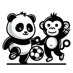 A cartoon panda bear and a monkey playing soccer together in a black and white vector illustration