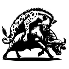A black and white illustration of a hyena on top of a buffalo in an aggressive and wild confrontation