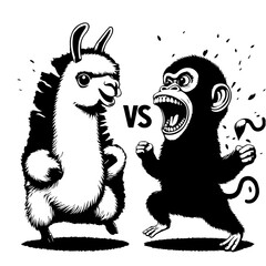 Illustration depicting a llama facing off against an angry monkey with a vs symbol between them