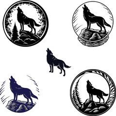 Nature themed howling wolf vector set in modern styles, ideal for outdoor apparel, wildlife branding, and logos.