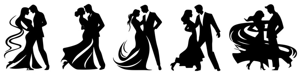 Romantic ballroom dance couple silhouettes twirling in elegant poses – timeless wedding waltz icon set illustration