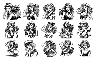 Retro pin-up girl mini-bundle with flirty vintage poses and hairstyles – classic tattoo flash beauty set illustration