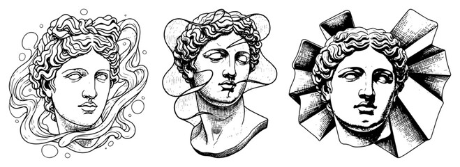 Classical statue head trio with vaporwave elements and abstract bust halos – trendy Greek sculpture collage illustration