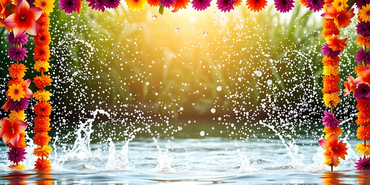 Water splashes and Thai flower garlands border frame with joyful copy space for Songkran concept as Joyful water splashes and vibrant Thai flower garlands framing festive space for Songkran messages