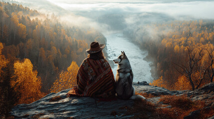 A woman sitting on a cliff edge beside a husky dog, both gazing at a breathtaking autumn landscape.