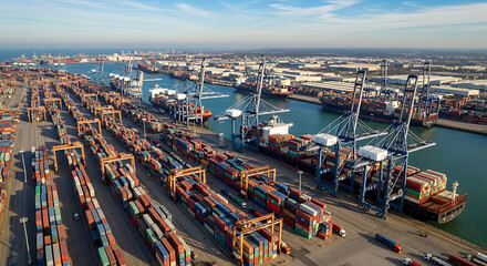 Aerial view of cargo port with multiple container ships