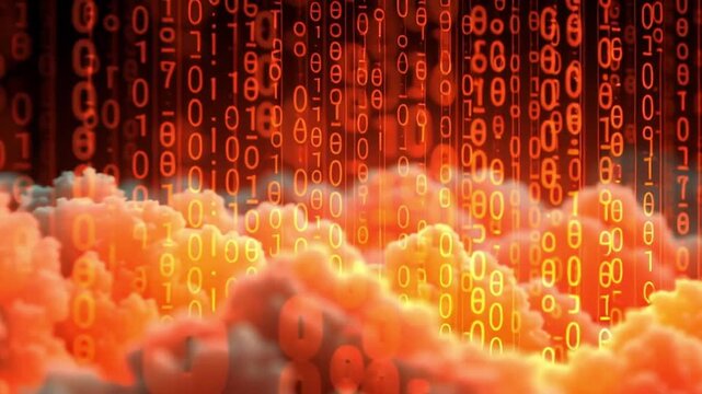 Glowing Binary Code Digital Cloud Orange Light Technology Data Abstract Futuristic Network with Dramatic Atmosphere and Cyber Data Stream