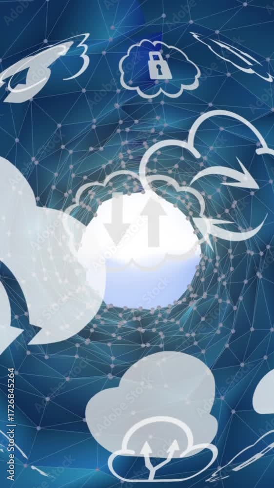 Poster animation of globe with clouds and tech icons over digital space with connections