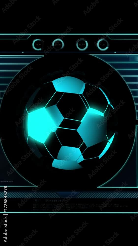 Poster animation of digital football over data processing on black background