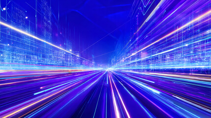 Digital tunnel with glowing light trails and futuristic cityscape in motion