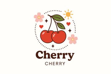 Cherry Minimal Flat Illustration with Fruit, Blossoms, and Leaves Centered Composition
