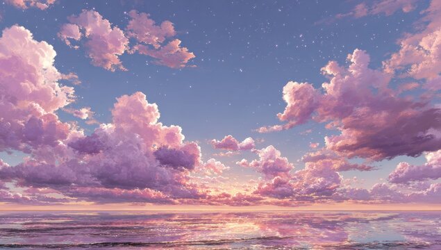 Pastel pink clouds over a placid sea at sunset