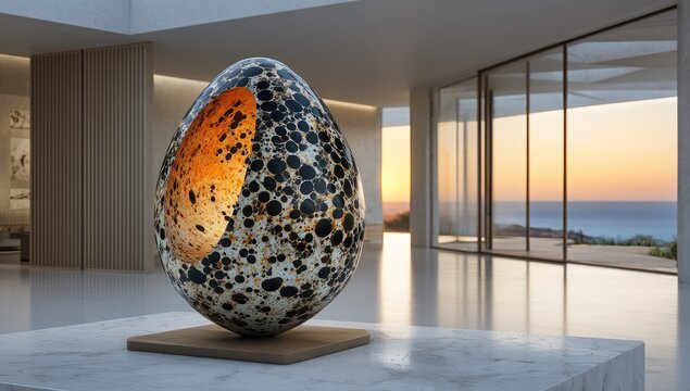 Large, ornate egg-shaped sculpture, speckled design, warm interior