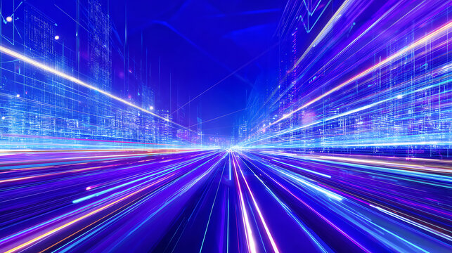 Digital tunnel with glowing light trails and futuristic cityscape in motion