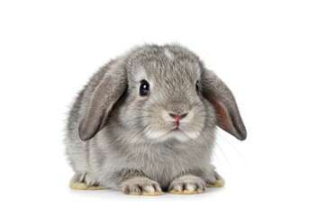 A close-up studio shot of a fluffy, adorable, gray lop-eared rabbit against a white background.