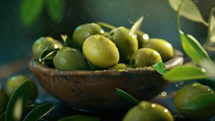 A wooden bowl filled with green olives sitting on a table