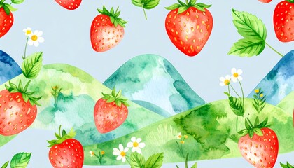 Strawberry pattern with mountains and flowers