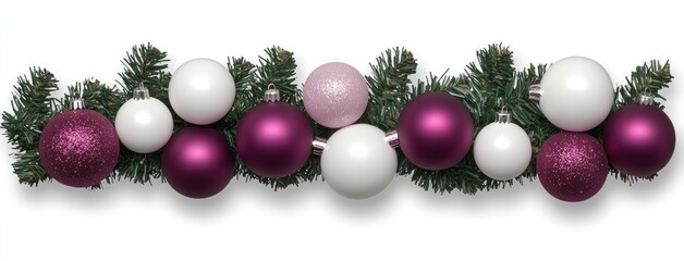 This festive garland features a beautiful arrangement of pink and white ornaments, snowflakes, and frosty branches, perfect for holiday decorations and banners