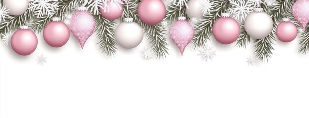 This festive garland features a beautiful arrangement of pink and white ornaments, snowflakes, and frosty branches, perfect for holiday decorations and banners