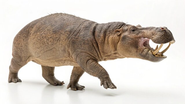 Lystrosaurus with stout body, tusks, and textured skin displayed on a clean white studio background, sharp focus, and professional studio lighting