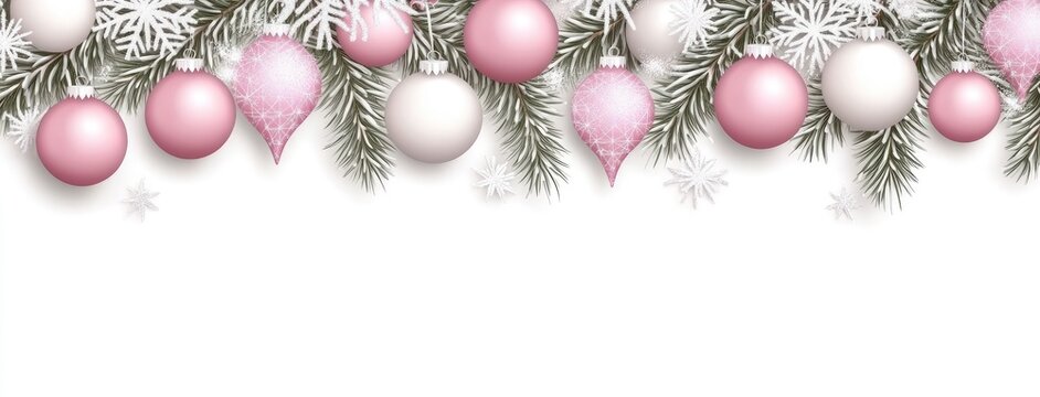 This festive garland features a beautiful arrangement of pink and white ornaments, snowflakes, and frosty branches, perfect for holiday decorations and banners