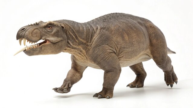 Lystrosaurus with stout body, tusks, and textured skin displayed on a clean white studio background, sharp focus, and professional studio lighting