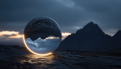 Reflective sphere mirroring a mountain sunset