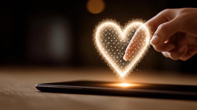 Glowing heart shape drawn by finger digital tablet, symbolizing love, connection, technology, digital innovation, and futuristic cloud computing