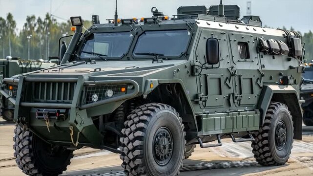 A military armored vehicle in open terrain, equipped with modern equipment. Relevant for news publications on security, military equipment reviews, and analytical articles.
