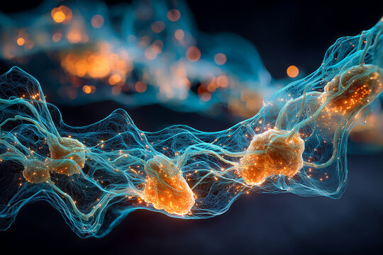 Microscopic photography of bioluminescent fungal mycelium networks glowing with vibrant cyan and amber photons, hyperdetailed organic texture - Powered by Adobe