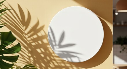 A blank round sign mockup on a pastel yellow wall in a sunny cafe a cheerful and inviting signage for a coffee shop or bistro logo