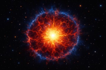 Fiery exploding star in space with radiant nebula. Use for science, astronomy, cosmic, and technology visuals.
