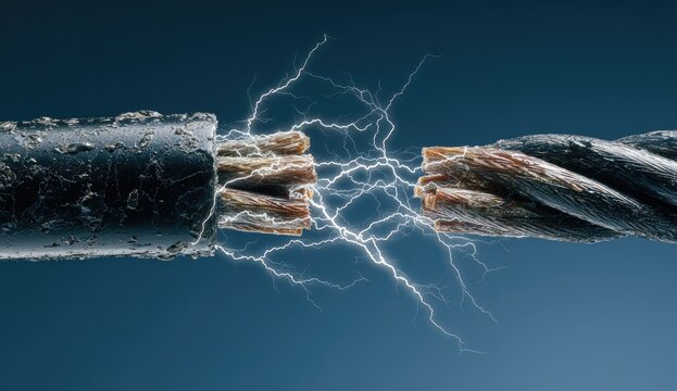 Damaged electrical cable with sparks