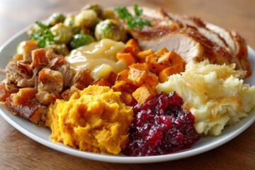 A large plate is fully loaded with a Thanksgiving dinner.