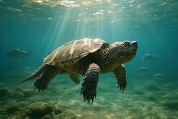 Fototapeta premium Serene underwater turtle swimming in clear blue water. Use for wildlife, conservation, nature education, and aquatic ecosystem themes.