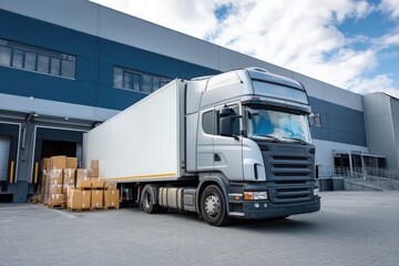 Truck unloading cargo at warehouse