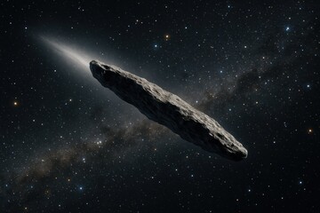 Elongated interstellar object with comet-like tail. Use for space science, education, exploration, and futuristic visuals.
